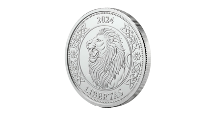 Silver coin, featuring a roaring lion, surrounded by ornate design, dated 2024