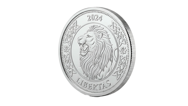 Silver coin, featuring a roaring lion, surrounded by ornate design, dated 2024