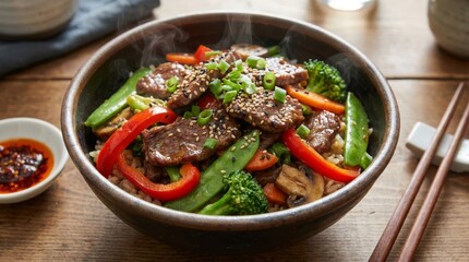 Beef and Vegetable Stir Fry in Bowl - Delicious beef stir fry with fresh vegetables and sesame seeds served in a rustic bowl, ready to eat