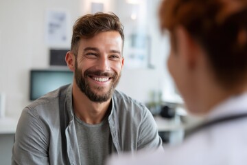 Naklejka premium Young Male Patient Smiles at Doctor in a Clinical Setting