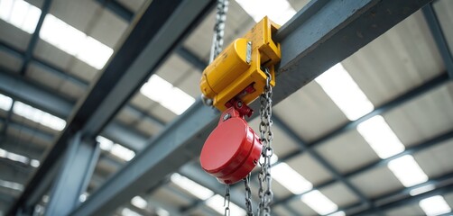 Industrial beam clamp with yellow motor, red hook lifts heavy loads. Chain hoist hangs from metal girder inside modern factory building with skylights for illumination. Heavy duty lifting gear at