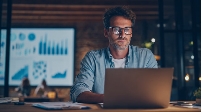 entrepreneur analyzing sales data with laptop and charts