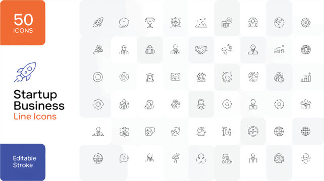 Collection of 50 minimalist line icons representing startup business concepts, ideal for digital presentations and web design elements