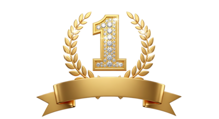 Golden number one laurel wreath ribbon isolated on transparent background