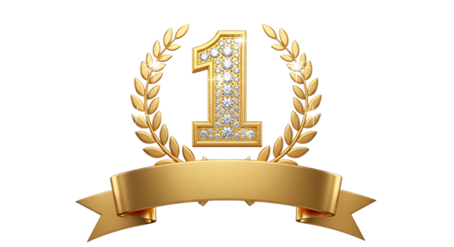 Golden number one laurel wreath ribbon isolated on transparent background