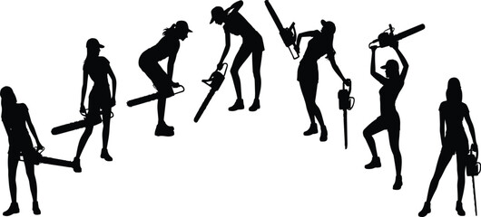Silhouettes of women holding and posing with chainsaws, powerful female workers illustration, strong action concept, tool operation graphic