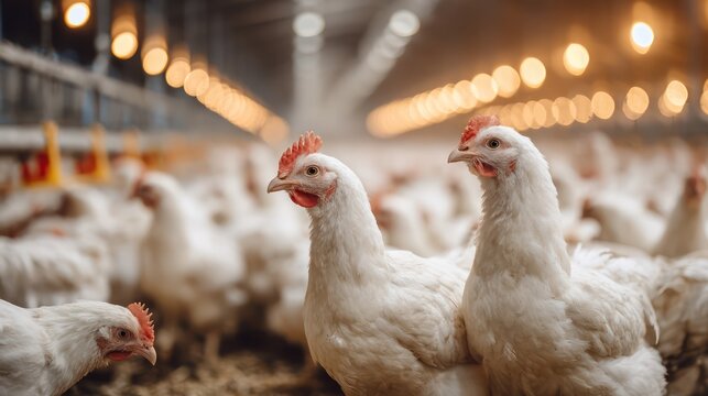 White Chickens in Modern Poultry Farm with Lighting System