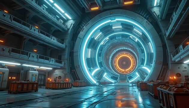 Futuristic spaceship interior with massive glowing engine at center. Orange cargo carts line metal floor and walkways. Advanced technology and complex systems create sci-fi atmosphere. - Powered by Adobe