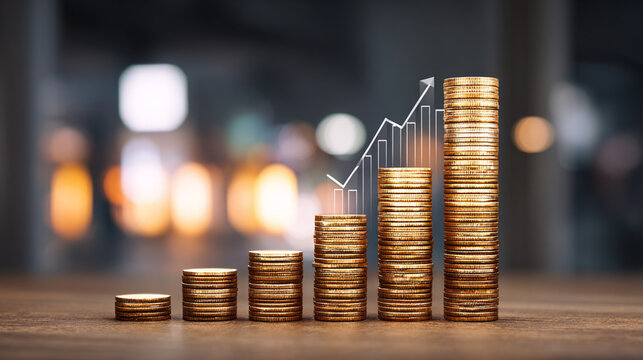 investment concept with growing bar chart and coin stacks