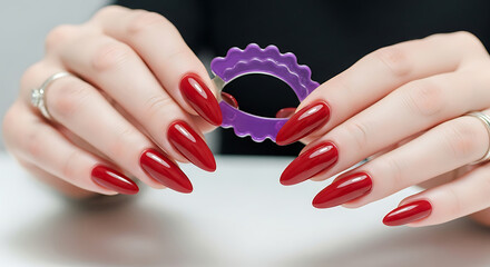 Woman hands with red stiletto nails holding purple nail tool