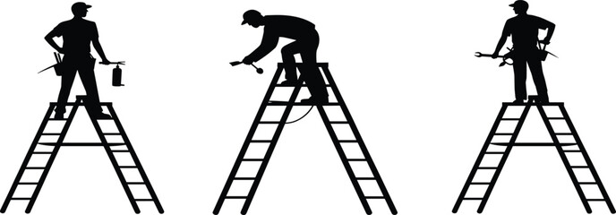 Silhouettes of workers on ladders holding tools, construction and maintenance illustration, professional labor safety concept graphic design