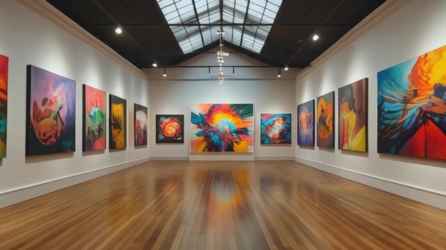 Abstract art gallery with colorful paintings displayed under skylight roof and shiny parquet floor