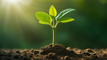 Bright sunlight illuminates a small green seedling growing in rich soil, symbol of growth, agriculture, sustainability, environment.
