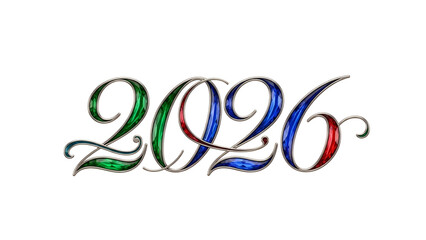 Stylized "2020" in ornate script, outlined and filled with color against black
