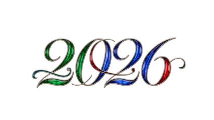 Stylized "2020" in ornate script, outlined and filled with color against black