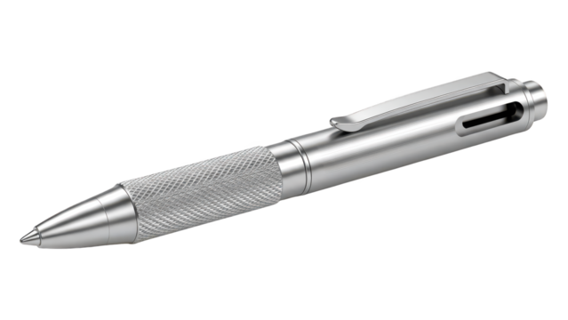 Sleek metallic writing instrument features textured grip and pocket clip detail