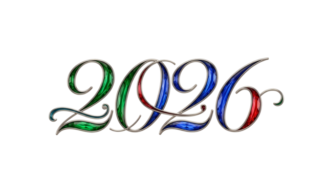 Stylized "2020" in ornate script, outlined and filled with color against black
