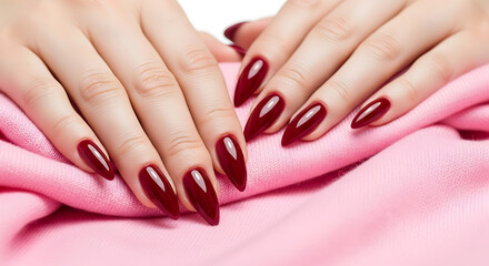 Fototapeta premium Woman's hands with dark red stiletto nails on pink fabric 1