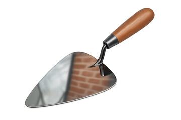 Masonry trowel with wooden handle and steel blade reflecting a brick wall, tool for construction and building work