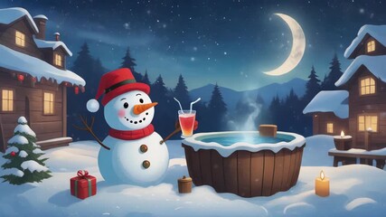 Whimsical winter scene featuring a snowman relaxing with a cocktail next to a steaming hot tub beneath a starry night sky. - Powered by Adobe