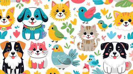 Naklejka premium Cute Colorful Doodle Animals – Dogs, Cats & Birds | Kawaii Cartoon Illustration Set