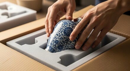 Secure Delivery: A pair of hands tenderly places a ceramic object within protective packaging, a picture of careful delivery.