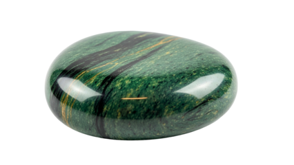 Polished, oval-shaped green stone with dark green and gold streaks, against a black background
