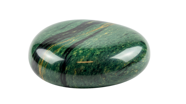 Polished, oval-shaped green stone with dark green and gold streaks, against a black background