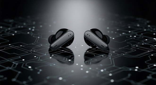 Wireless Earbuds on Tech Backdrop: A sleek pair of wireless earbuds rests on an intricate digital circuit board pattern, conveying a sense of modern technology and audio innovation.
