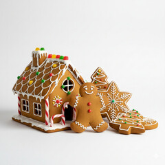 A detailed gingerbread house with icing decorations, colorful candies, and cookie shapes arranged around it in a festive display.