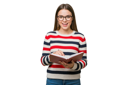 Isolated cheerful young student with glasses writing in notebook smiling happily