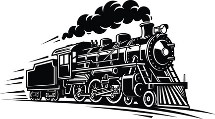 Retro steam train locomotive speeding with smoke clouds, black and white silhouette vector illustration, isolated on white background for transport logo design. © Md