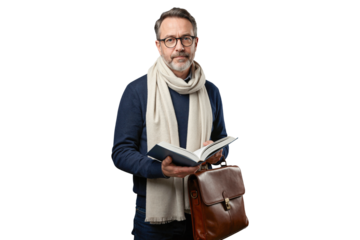 Isolated mature intellectual man with glasses reading book and holding briefcase with sophistication