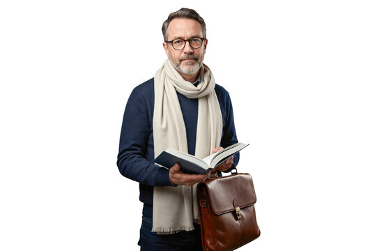 Isolated mature intellectual man with glasses reading book and holding briefcase with sophistication
