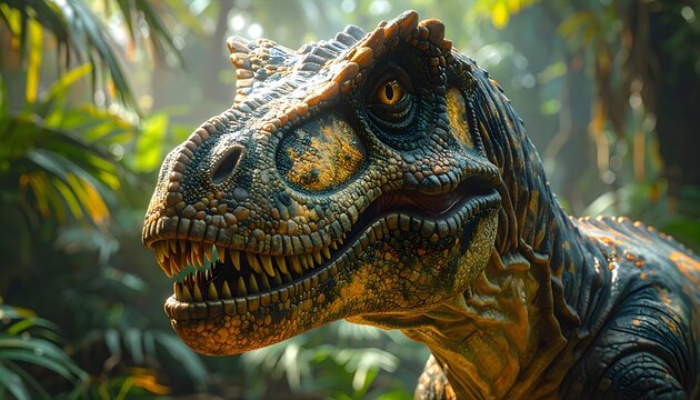 Portrait eines Majest&auml;tischer Tyrannosaurus Rex, in &uuml;ppiger pr&auml;historischer Dschungelumgebung
