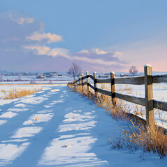  Winter rural landscape with a wooden fence alongside a snowy field path at golden hour