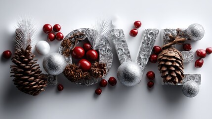 Holiday themed decorations artfully arrange to form a word on a light background