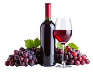 Classic Red Wine Set with Bottle, Stem Glass, and Fresh Grapes Transparent PNG