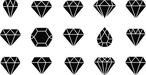 Vector diamond icon set featuring black silhouettes of gemstone shapes, including brilliant cut, teardrop, hexagon, and various geometric facets for jewelry design