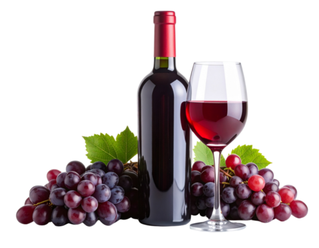 Classic Red Wine Set with Bottle, Stem Glass, and Fresh Grapes Transparent PNG