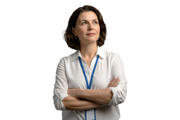 Isolated professional businesswoman looking up thinking with confident vision and aspiration