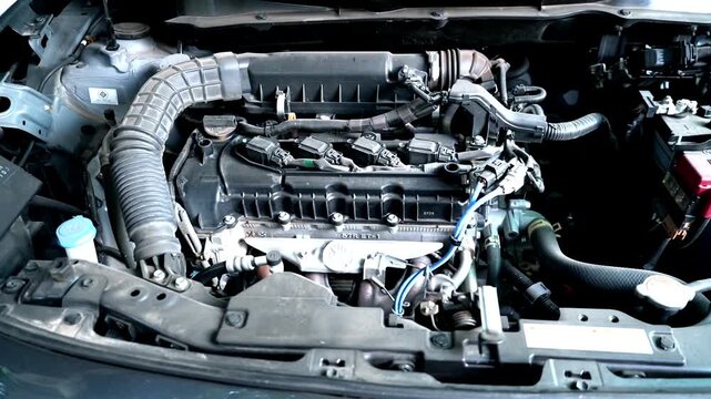 Car Engine Close-Up Hood Open Footage