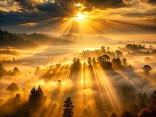 Golden sunrise over misty forest