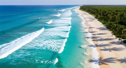 Tropical Beach Paradise: Aerial View of Turquoise Ocean and Palm Trees