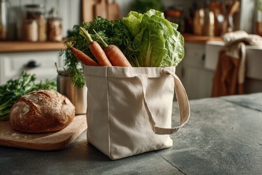 Eco-Friendly Groceries: Fresh Vegetables and Bread in Reusable Tote