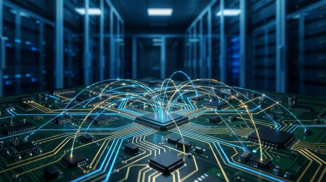 Circuit Board in Data Center - An intricate circuit board with glowing connections in a blue-lit data center environment representing technology and data flow