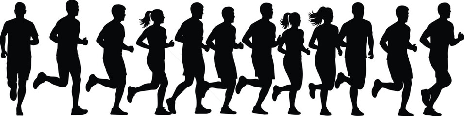 Row of running silhouettes, marathon runners group, jogging athletes line, vector illustration isolated on white background, sport fitness race, active people crowd