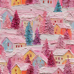 Christmas pink village with trees, seamless tile, impasto style thick acrylic, glittery