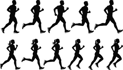 Running man and woman silhouette set, male and female athlete jogging animation frames, sport vector collection isolated on white background, side view fitness exercise