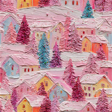Christmas pink village with trees, seamless tile, impasto style thick acrylic, glittery